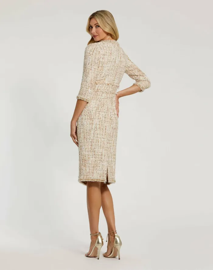 34 Sleeve Beaded Trim Patch Pocket Tweed Midi Dress Blush Every Day Dresses Mac Duggal Women