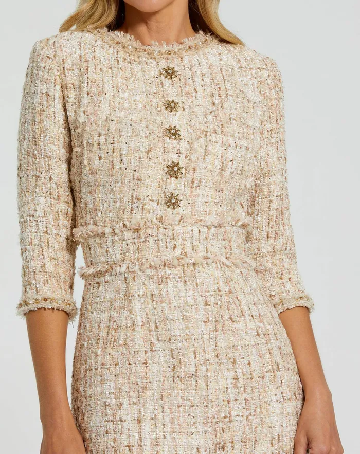 34 Sleeve Beaded Trim Patch Pocket Tweed Midi Dress Blush Every Day Dresses Mac Duggal Women