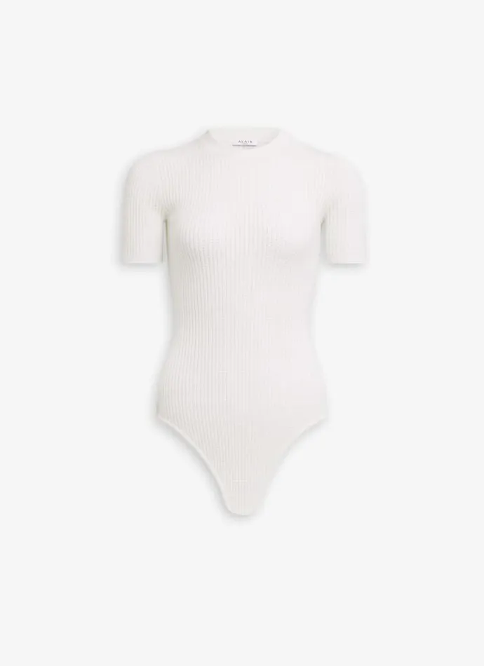 Alaa Bodysuits and Leggings SHORT SLEEVE BODY IN SHEER WOOL KNIT Natural White 8211 Women
