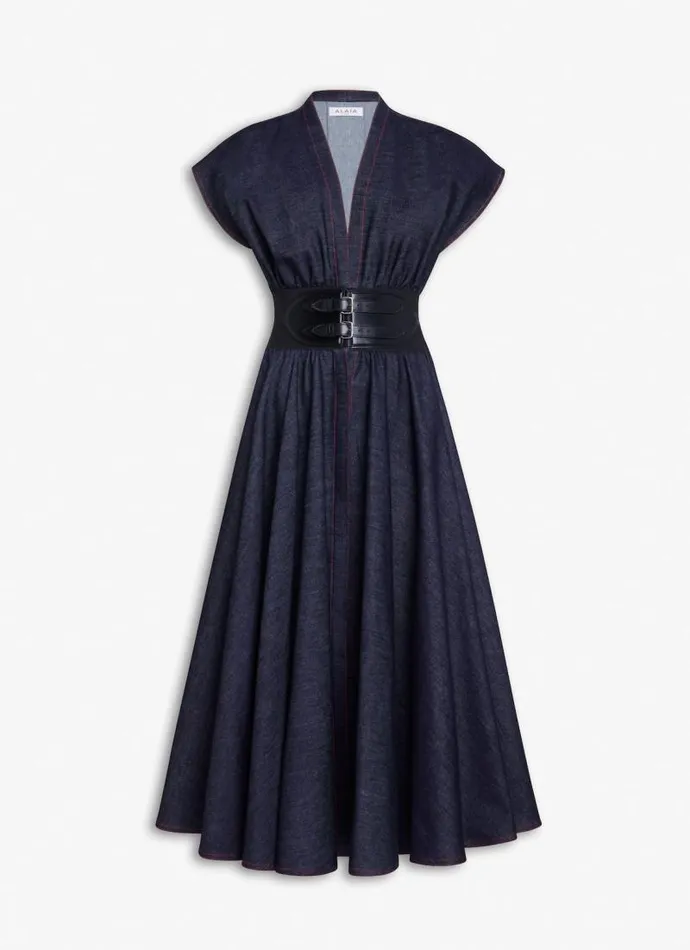 Alaa Dresses BELTED DRESS IN STRETCH RAW DENIM Dark Blue 8211 Women