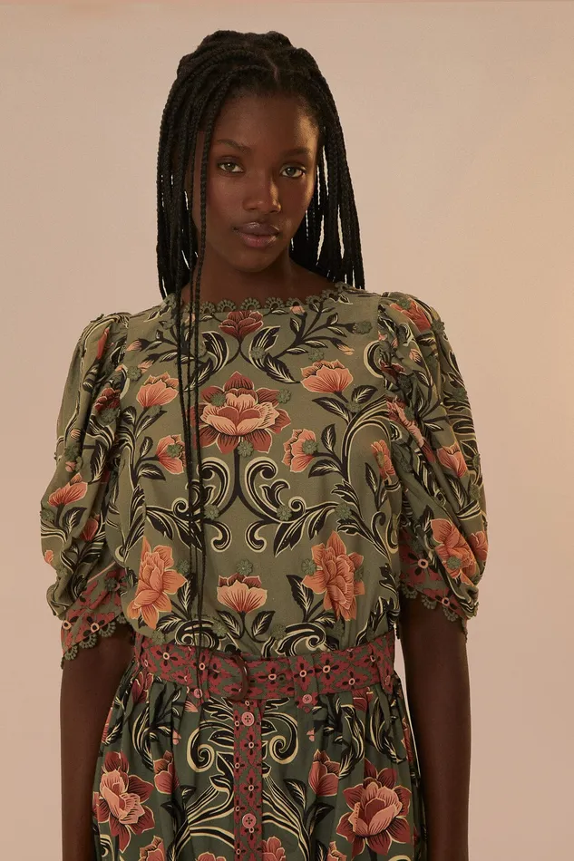 Arabesque Floral Green Blouse Women Farm Rio Blouses