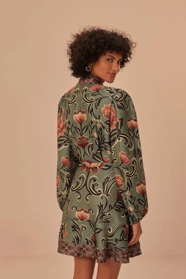 Arabesque Floral Green Long Sleeve Mini Dress Women Farm Rio Mini Dresses