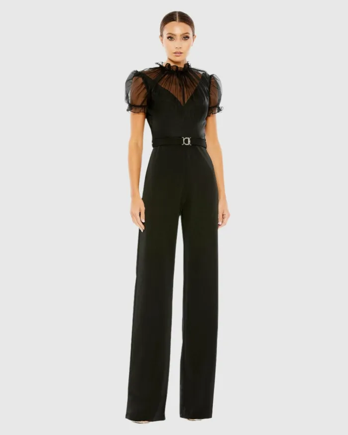 Best Sellers Mac Duggal Women Black Belted Illusion High Neck Cap Sleeve Jumpsuit Black