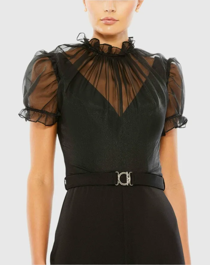 Best Sellers Mac Duggal Women Black Belted Illusion High Neck Cap Sleeve Jumpsuit Black