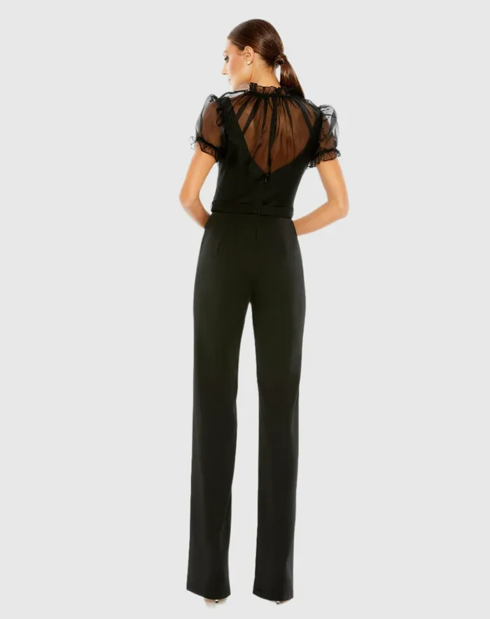 Best Sellers Mac Duggal Women Black Belted Illusion High Neck Cap Sleeve Jumpsuit Black