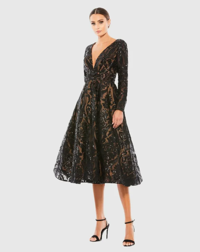 Best Sellers Sequin Embellished ALine Cocktail Dress Black Mac Duggal Women