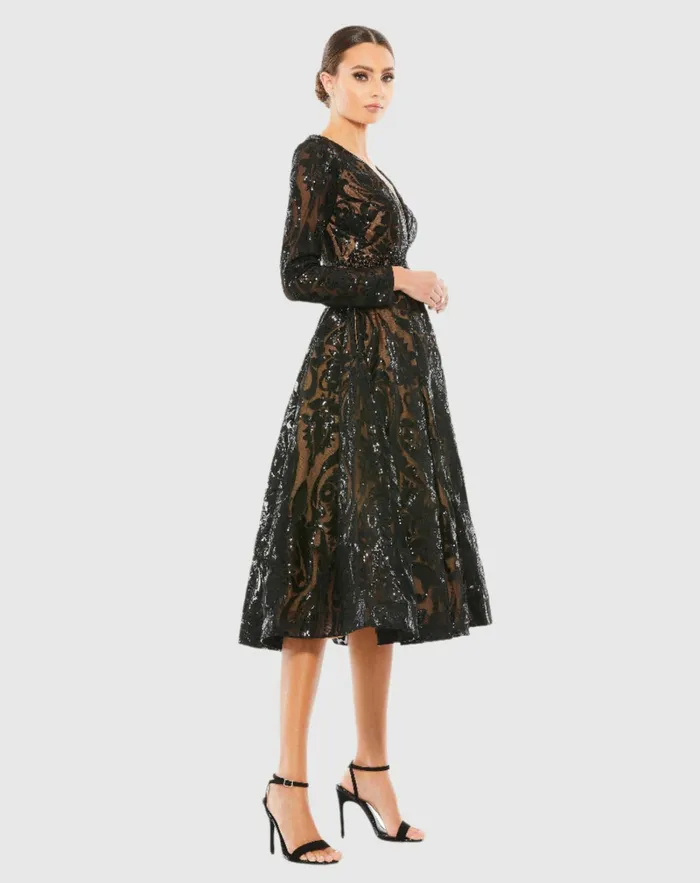 Best Sellers Sequin Embellished ALine Cocktail Dress Black Mac Duggal Women