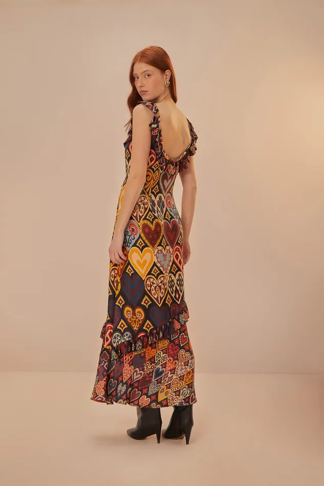 Black Hearts Ikat Lenzing Ecovero Viscose Maxi Dress Women Farm Rio Maxi Dresses