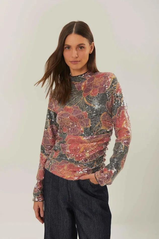 Black Shiny Chita Tulle Sequins Blouse Women Farm Rio Blouses