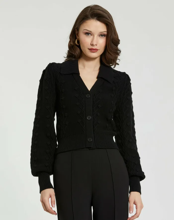 Blouses and Tops Mac Duggal Women Cropped Bobble Cable Knit Button Up Cardigan Sweater Black