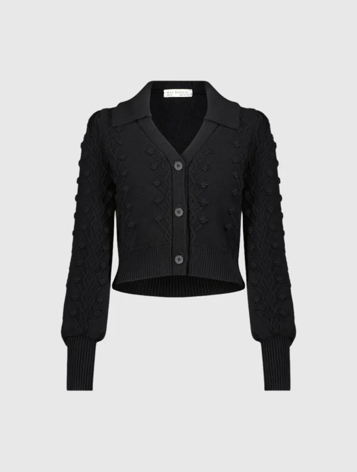 Blouses and Tops Mac Duggal Women Cropped Bobble Cable Knit Button Up Cardigan Sweater Black