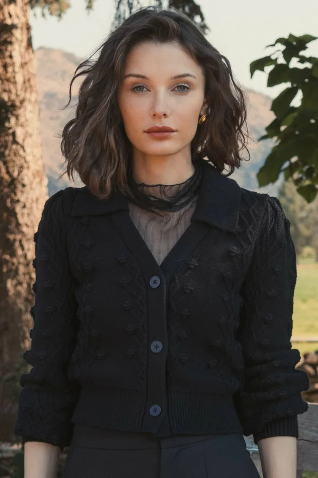 Blouses and Tops Mac Duggal Women Cropped Bobble Cable Knit Button Up Cardigan Sweater Black