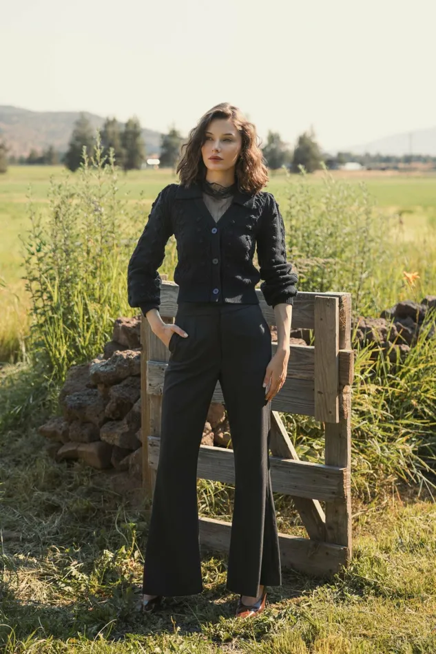 Blouses and Tops Mac Duggal Women Cropped Bobble Cable Knit Button Up Cardigan Sweater Black