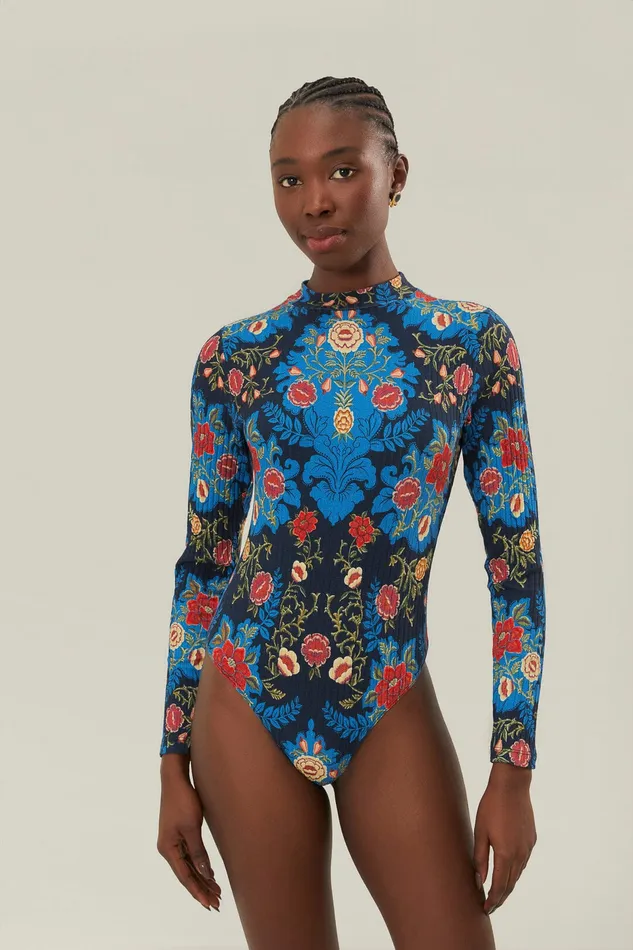 Blue Arabesque Flora Organic Cotton Bodysuit Women Farm Rio Bodysuits