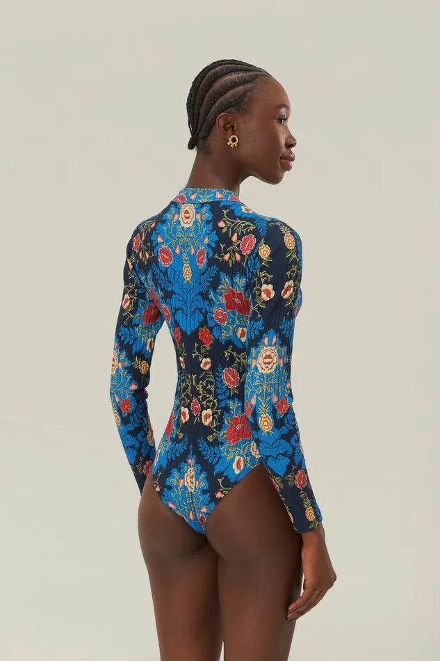 Blue Arabesque Flora Organic Cotton Bodysuit Women Farm Rio Bodysuits