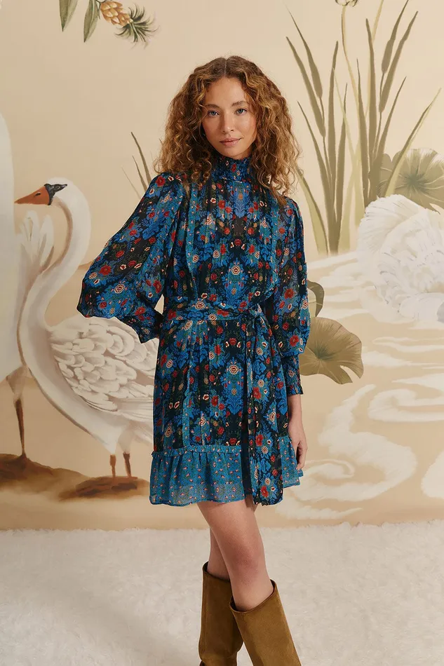Blue Arabesque Floral High Neck Mini Dress Women Farm Rio Mini Dresses