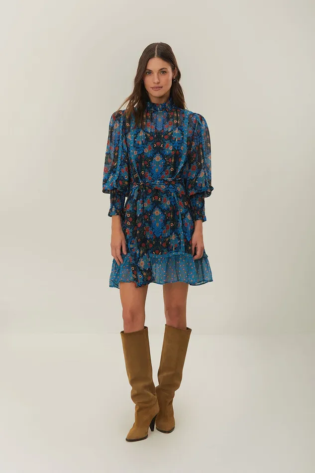 Blue Arabesque Floral High Neck Mini Dress Women Farm Rio Mini Dresses