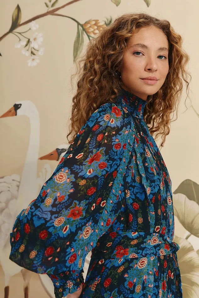 Blue Arabesque Floral High Neck Mini Dress Women Farm Rio Mini Dresses