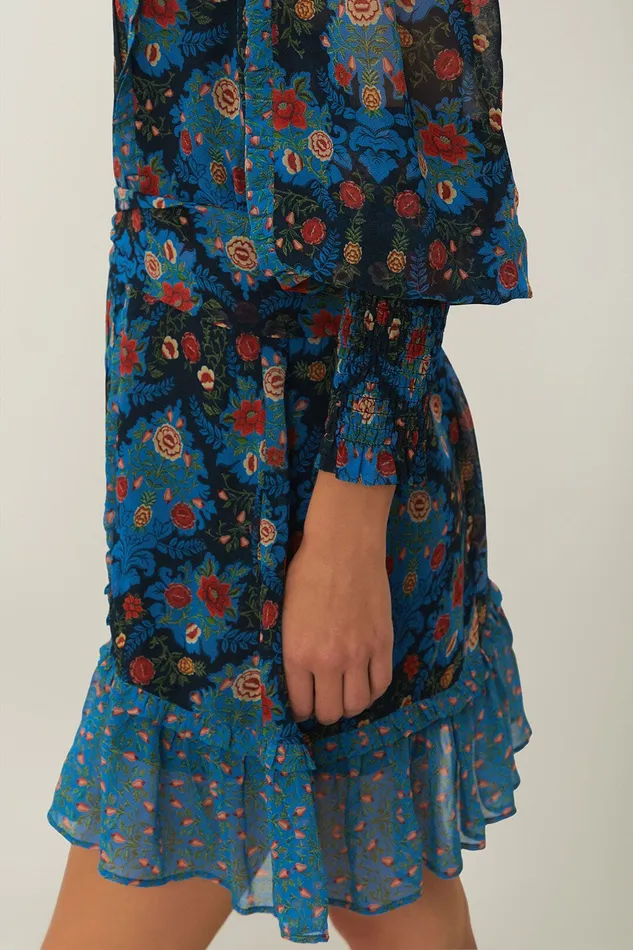 Blue Arabesque Floral High Neck Mini Dress Women Farm Rio Mini Dresses