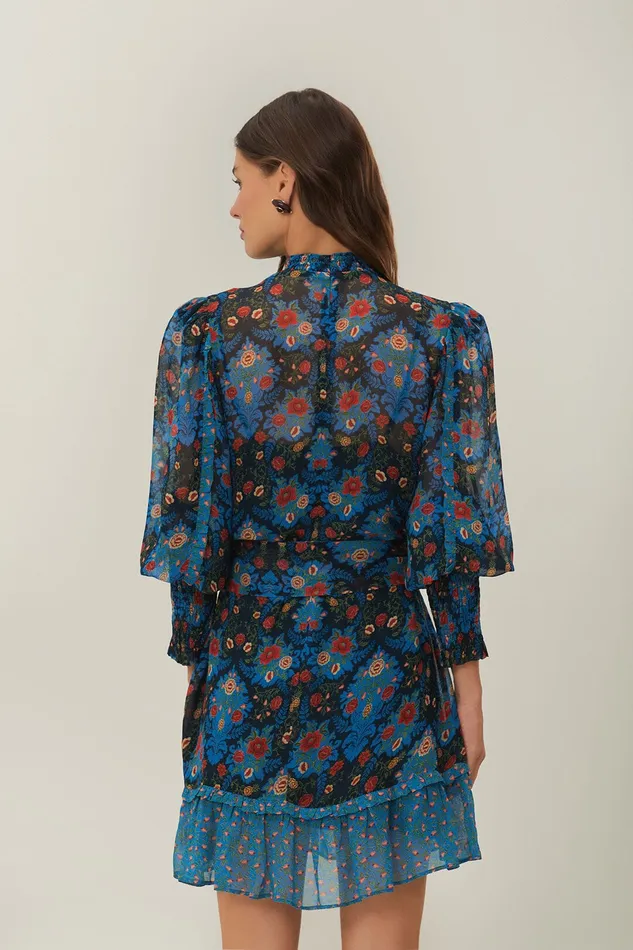 Blue Arabesque Floral High Neck Mini Dress Women Farm Rio Mini Dresses