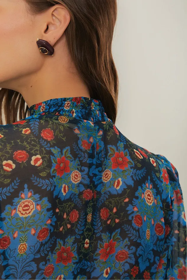 Blue Arabesque Floral High Neck Mini Dress Women Farm Rio Mini Dresses