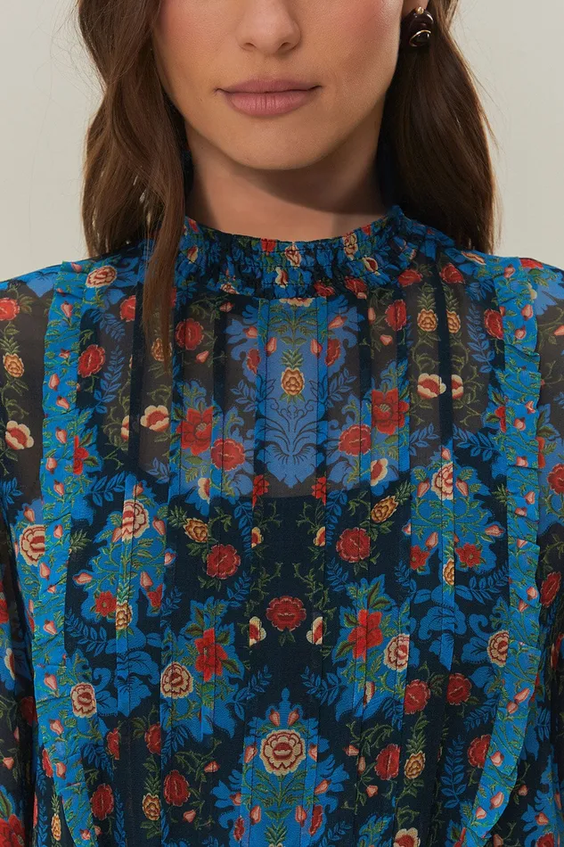Blue Arabesque Floral High Neck Mini Dress Women Farm Rio Mini Dresses