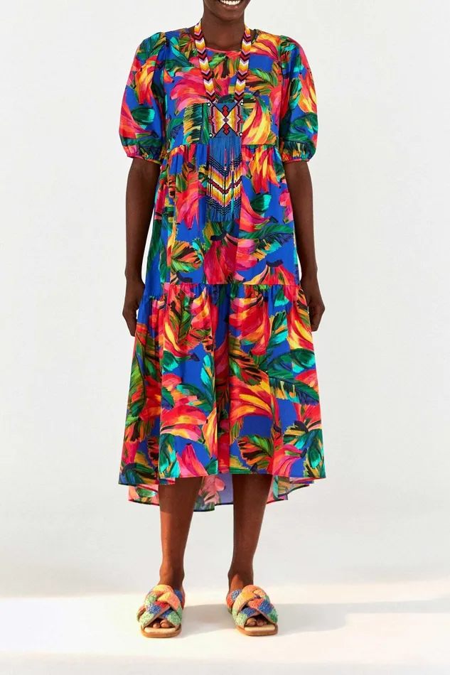 Blue Bananamix Puff Sleeve Midi Dress Women Farm Rio Midi Dresses