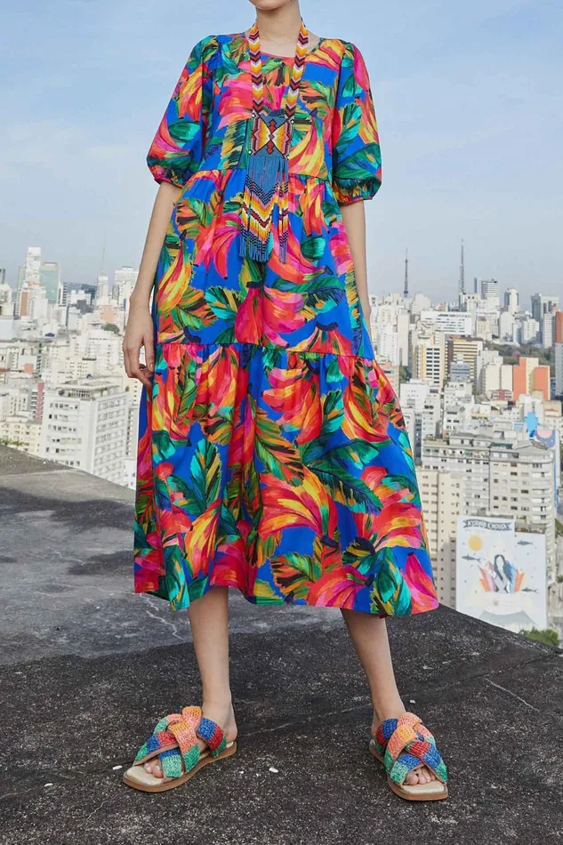 Blue Bananamix Puff Sleeve Midi Dress Women Farm Rio Midi Dresses