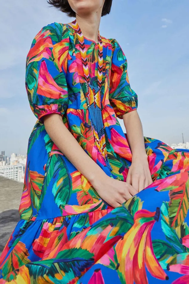 Blue Bananamix Puff Sleeve Midi Dress Women Farm Rio Midi Dresses