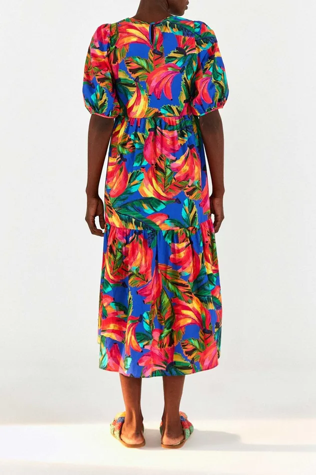 Blue Bananamix Puff Sleeve Midi Dress Women Farm Rio Midi Dresses
