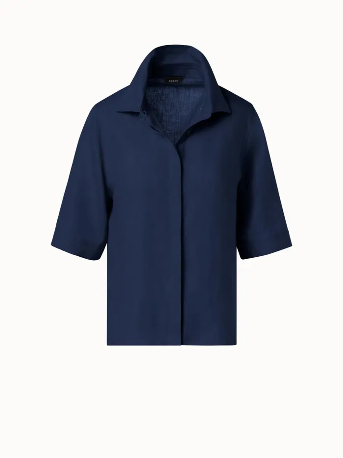 Boxy Shirt Blouse In Linen Voile Navy Women Akris Blouses