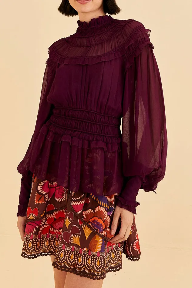 Burgundy Ruffle High Neck Blouse Women Farm Rio Blouses