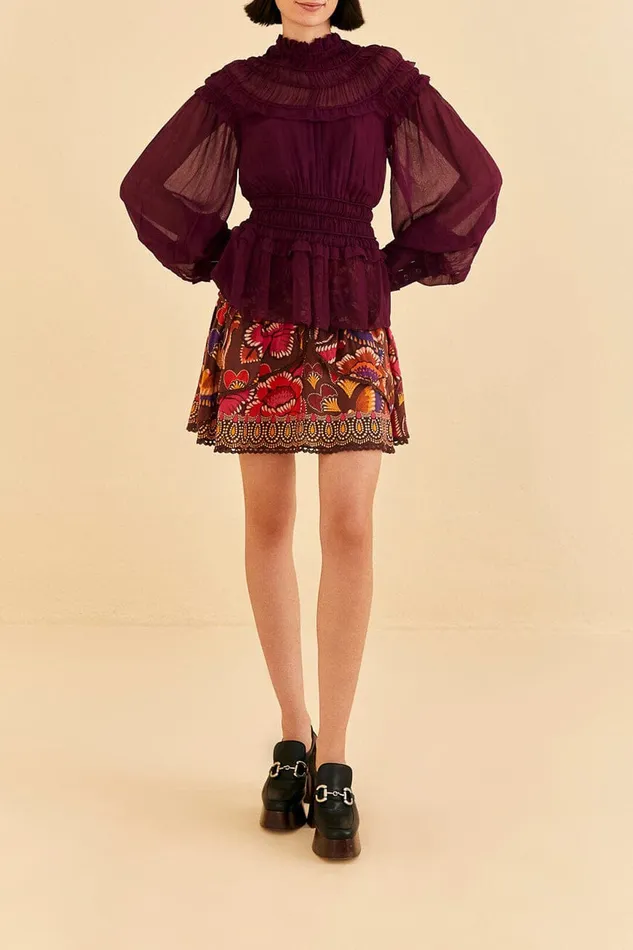 Burgundy Ruffle High Neck Blouse Women Farm Rio Blouses