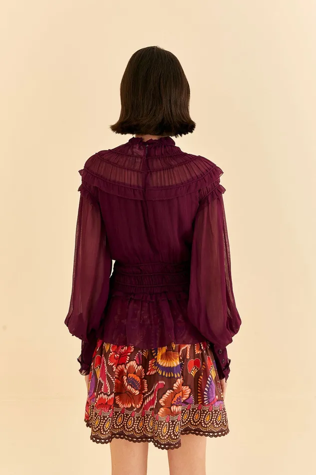 Burgundy Ruffle High Neck Blouse Women Farm Rio Blouses