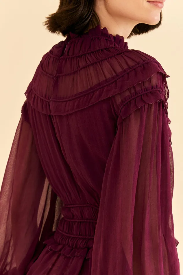 Burgundy Ruffle High Neck Blouse Women Farm Rio Blouses