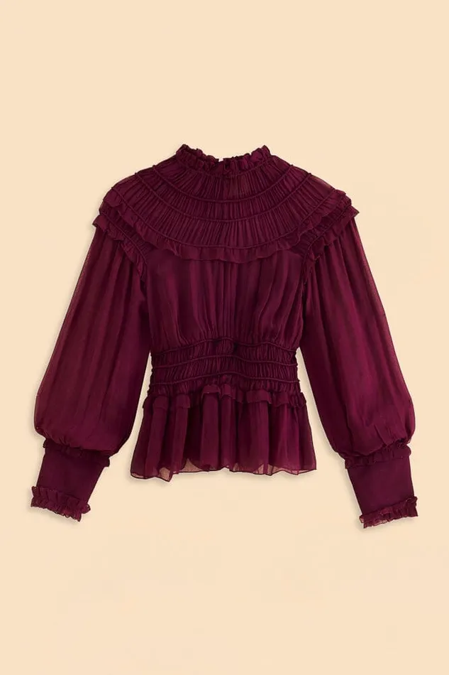 Burgundy Ruffle High Neck Blouse Women Farm Rio Blouses