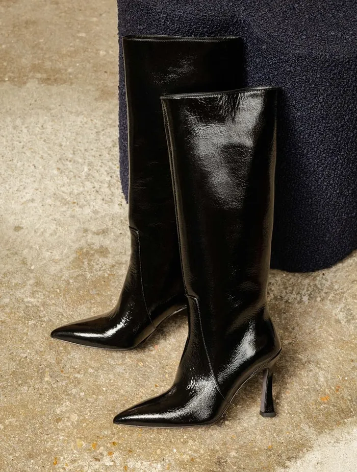 Clarisse Black Vinyl Women Bobbies Knee High Boots
