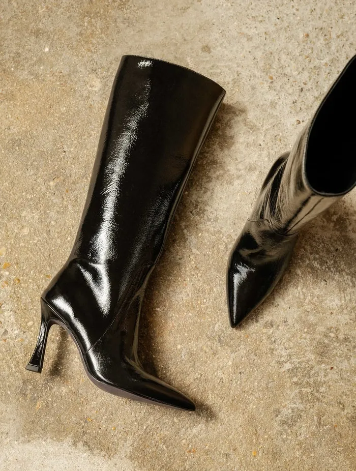 Clarisse Black Vinyl Women Bobbies Knee High Boots