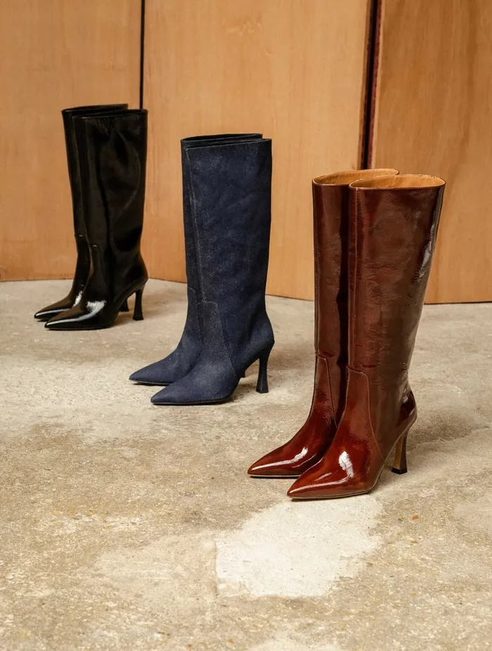 Clarisse Black Vinyl Women Bobbies Knee High Boots
