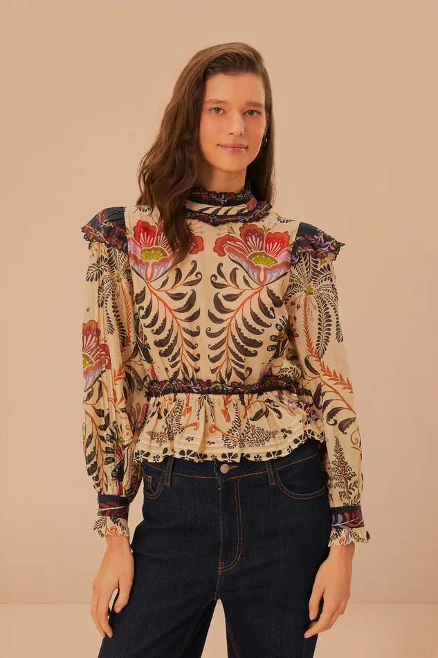 Classic Nature Sand Ruffled Long Sleeve Blouse Women Farm Rio Blouses