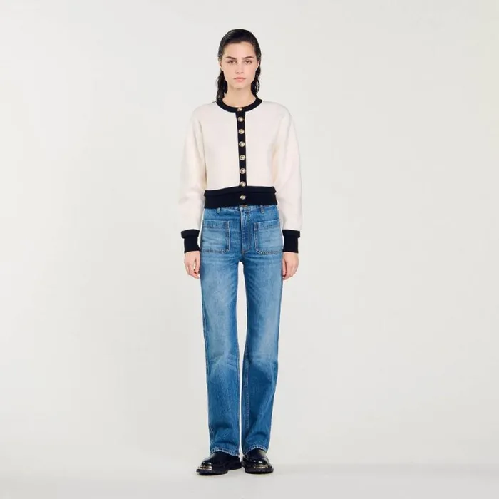 Coatigans Women SANDRO Knit Cardigan Ecru Black
