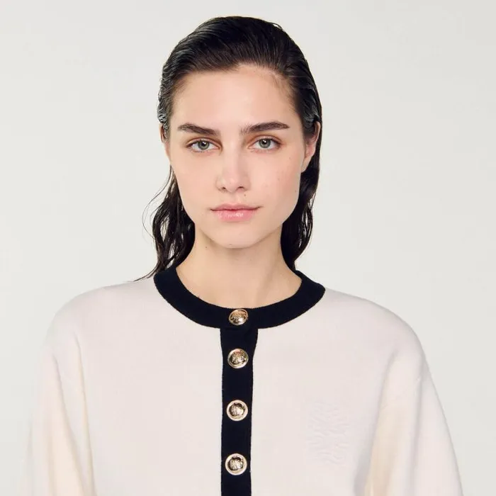 Coatigans Women SANDRO Knit Cardigan Ecru Black