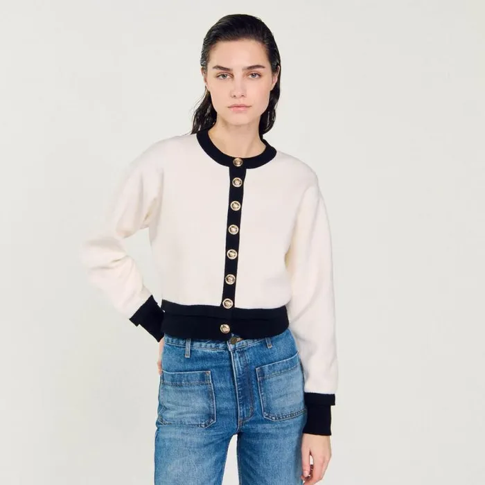 Coatigans Women SANDRO Knit Cardigan Ecru Black