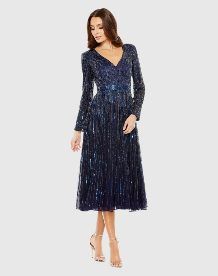 Cocktail Dresses Navy Long Sleeve Tea Length Dress Midnight 8211 Mac Duggal Women