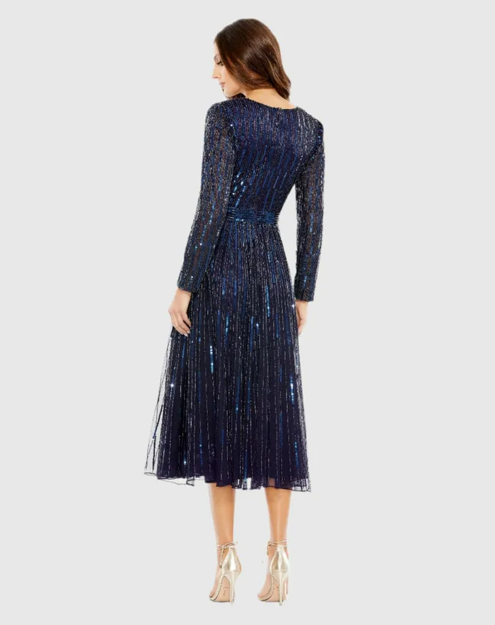 Cocktail Dresses Navy Long Sleeve Tea Length Dress Midnight 8211 Mac Duggal Women