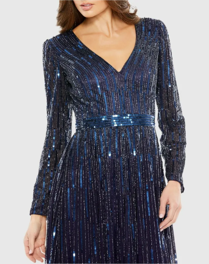 Cocktail Dresses Navy Long Sleeve Tea Length Dress Midnight 8211 Mac Duggal Women