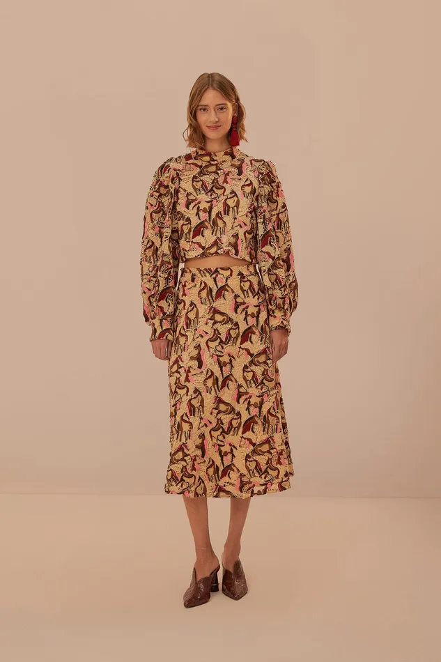 Cream Horses Guipure Midi Skirt Women Farm Rio Skirts