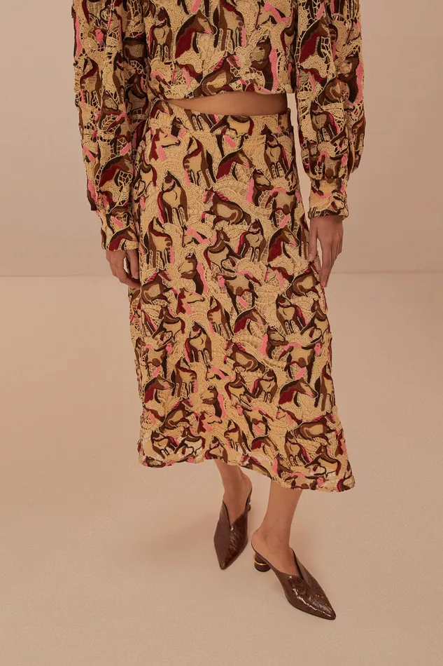 Cream Horses Guipure Midi Skirt Women Farm Rio Skirts