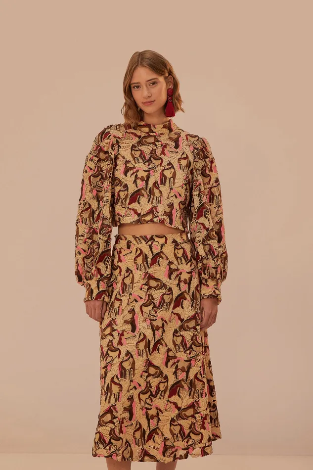 Cream Horses Guipure Midi Skirt Women Farm Rio Skirts