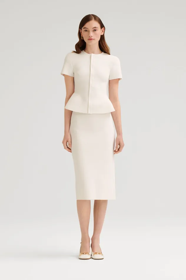 CREPE KNIT SHORT SLEEVE PEPLUM JACKET WHITE Jackets Scanlan Theodore Women